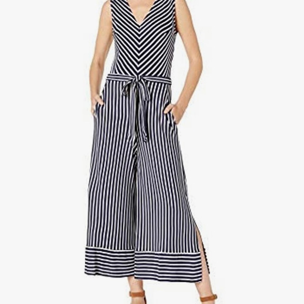 eci NY blue and white striped V-neck, sleeveless, tie waist, nautical jumpsuit